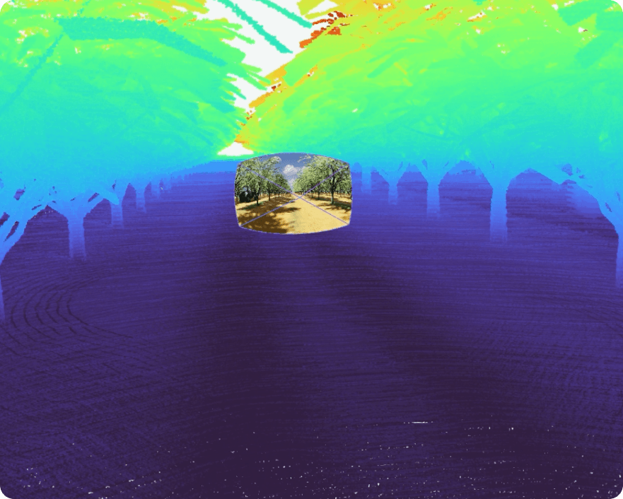 Simulated RGB and depth data of a warehouse aisle